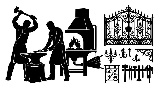Blacksmith Forge Icons, Ornamental Gate Elements, Metalworking Tools Set, Vintage Craftsmanship Vector Graphics