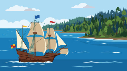 Historical Wooden Sailing Ship Navigating Near Lush Coastal Forest © ca