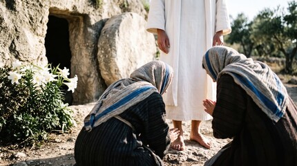 Obraz premium Jesus appearing to woman followers at empty tomb. Biblical scene of resurrection greeting near stone grave for Easter celebration. Religious faith concept with ancient clothing style.