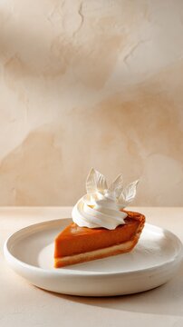 Delicious slice of pumpkin pie with whipped cream decorative leaves. Single slice of homemade pumpkin pie topped with swirls of fresh whipped cream delicate edible decorations presented on white plate
