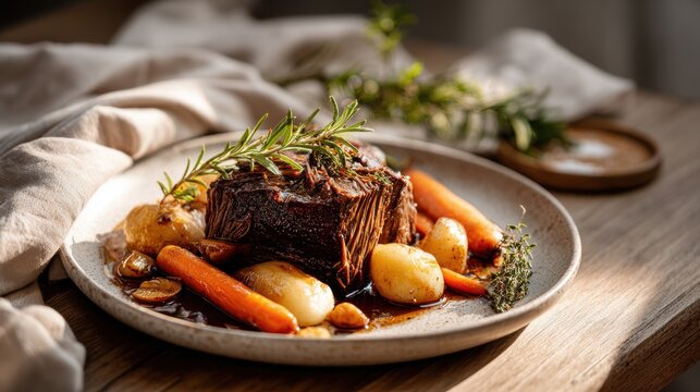 Hearty Braised Beef Roast with Root Vegetables and Rosemary Garnish. A rustic plate of slow-cooked beef, tender carrots, and small potatoes, seasoned with fresh herbs and rich gravy