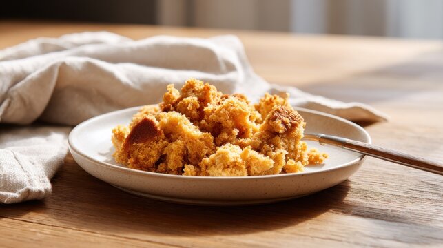 Delicious homemade crumble cake served on a rustic plate with a linen napkin. A close-up shot of a golden-brown crumble cake, showcasing its texture and homemade appeal, perfect for cozy moments