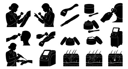 Fototapeta premium Dermatology and Skincare Icons: Medical Treatments, Beauty Tools, and Skin Anatomy Illustrations, Vector Set for Healthcare and Cosmetics