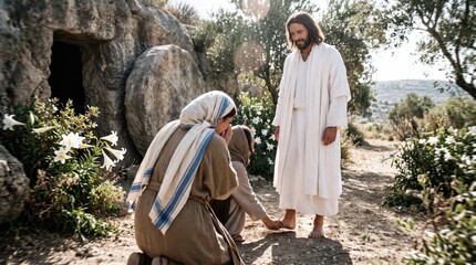Obraz premium Jesus standing before two woman by the empty tomb. Mary Magdalene kneeling at the feet of the resurrected Christ. Biblical scene of Easter morning resurrection. Faith and hope christianity.