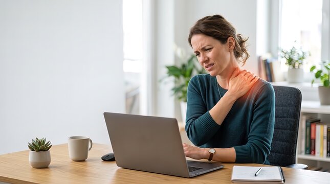 Woman Experiencing Shoulder Pain While Working on Laptop in Home Office