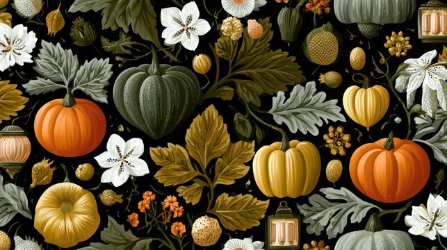 Autumn harvest seamless pattern with pumpkins flowers leaves and lanterns on transparent background