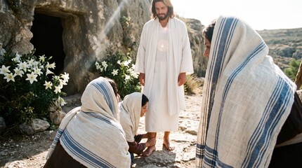 Obraz premium Jesus appearing to woman followers at the empty tomb on Easter morning. The risen Christ meets Mary Magdalene and a woman at the grave. Biblical scene of resurrection and faith.