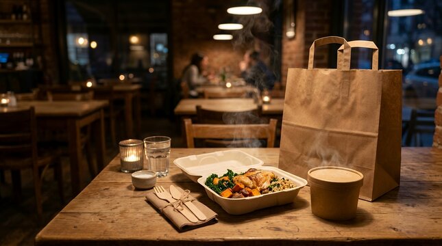 Takeout food bag on a restaurant table. Hot meal delivery in a cozy dining room at night.