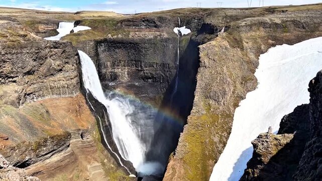 This waterfall plunges from towering basalt cliffs, where the Fossa River drops into a deep canyon in Iceland's Highlands. Haifoss, Iceland.