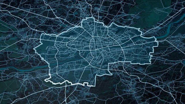 Warsaw Poland Glowing Digital Map Animation