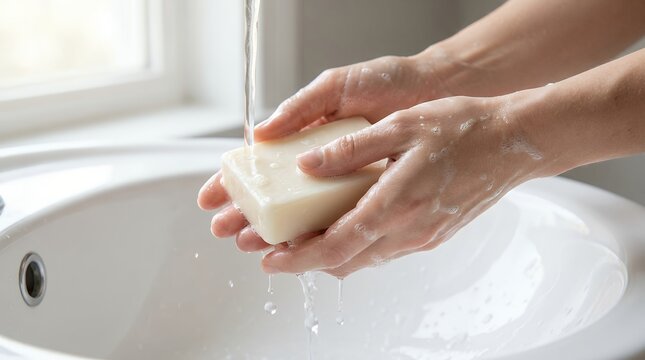 Person washing hands with soap under water. Skin care routine using natural bar soap.