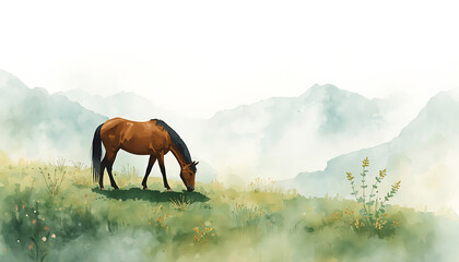 Obraz premium Illustration of a horse eating grass in a valley.