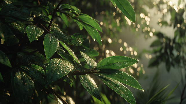 Close up of wet green leaves covered with dew drops in rain forest