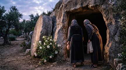 Obraz premium Two women visiting empty stone tomb at dawn. Mary Magdalene and her companion discovering resurrection of Jesus. Biblical scene in holy garden for Easter faith and worship.