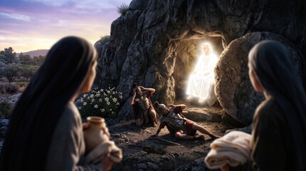 Obraz premium Woman and other woman visiting empty tomb of Jesus Christ. Angel sitting on stone at entrance. Roman soldier guarding cave during resurrection. Biblical story from Gospel of Matthew.