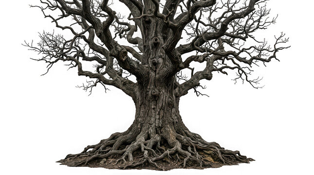Large old twisted oak tree with bare branches isolated on transparent background