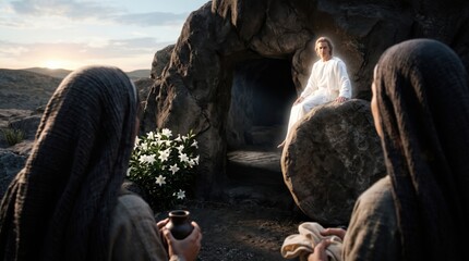 Obraz premium Angel sitting on a stone at the entrance of the empty tomb and meeting women followers. Biblical resurrection scene of Jesus Christ. Religious illustration for Easter holiday celebration.