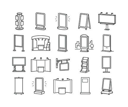 Exhibition Display Stand, line icon set of 20 clean outline icons: rotating stand display, retail advertising stand, presentation light box, outdoor sidewalk banner, billboard frame, signboard panel,