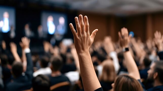 Conference attendees actively raising hands, engaging in a q and a session or voting during a business seminar with speakers presenting on stage