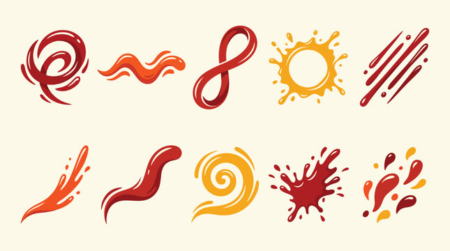 Vibrant cartoon splashes of red sauce and orange juice swirl with glossy highlights and fluid energy