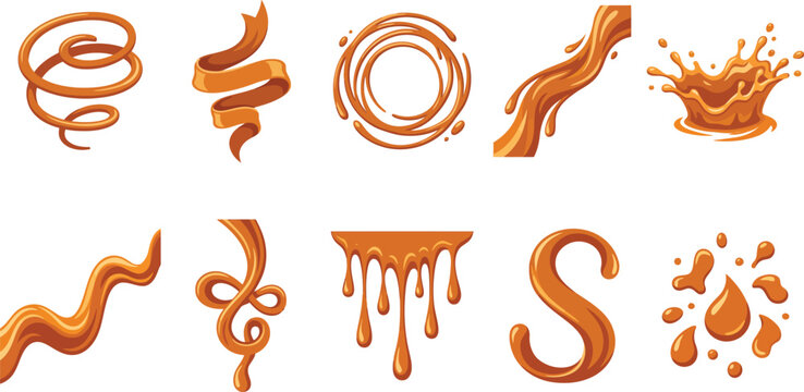 Dynamic liquid caramel sauce splashes and swirling golden ribbons for confectionery design