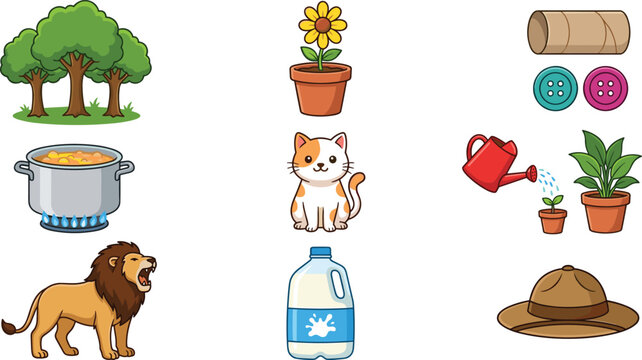 Cute cartoon objects and animals vector set featuring various random everyday elements isolated on white background.