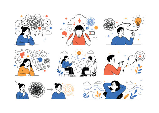 Psychology Problem Solving, clean editorial illustration set, create 6 separate small editorial illustrations about tangled thoughts, psychological stress, easy problem solving, cluttered mind,