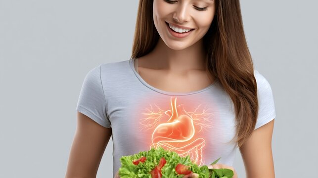 Woman smiling and holding a fresh salad, with a glowing illustration of her digestive system overlaying her stomach area, symbolizing good gut health and wellness through nutrition