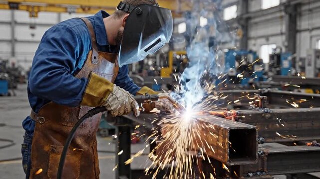Industrial Welder Fabricating Metal in Workshop with Sparks