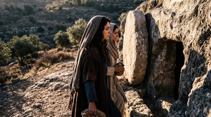 Obraz premium Woman Mary Magdalene and another woman approaching empty tomb of Jesus Christ. Biblical scene after resurrection. Historical reenactment of religious event for Easter holiday celebration.
