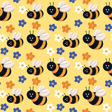 Hand drawn cute cartoon bee seamless pattern