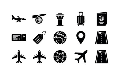 Fototapeta premium Collection of airport and travel icons including airplanes, passport, and luggage