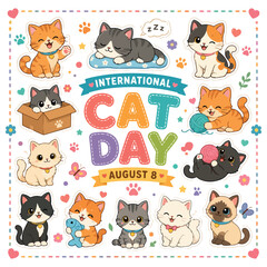 Fototapeta premium Charming cartoon cats celebrate international cat day with playful designs and cute expressions
