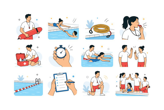 Swim Rescue Drill. Swim instructor rescue drill, pool emergency practice, lifeguard skills, water safety training, drowning prevention. 12 minimalist editorial vector scenes: an instructor holds a