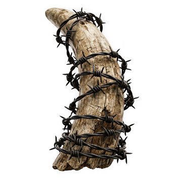A weathered animal horn wrapped in sharp barbed wire isolated on transparent background