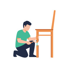 Fototapeta premium Detailed vector illustration depicting professional furniture restoration, hands using specialized carpentry tools to repair a vintage wooden chair in a workshop setting.