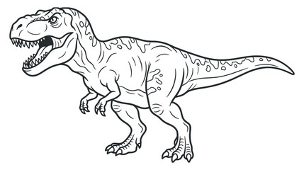 Black and white outline illustration of a fierce looking tyrannosaurus rex dinosaur character. © KALPANA AKTER