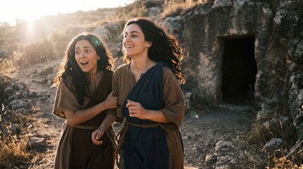 Obraz premium Two women Mary Magdalene and Mary running from the open tomb of Jesus Christ. Biblical scene of the resurrection morning in Jerusalem. Faith and hope concept for Christian Easter.