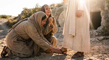 Obraz premium Mary Magdalene and another woman worshiping Jesus after resurrection near the empty tomb. Biblical narrative of the risen savior in Galilee. Christian religious scene of miracle.