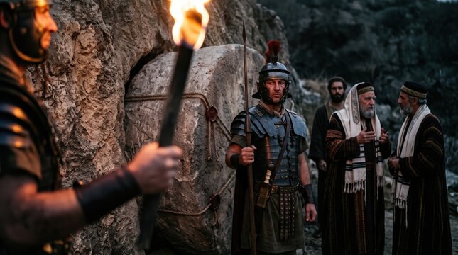 Roman soldier guarding the stone entrance of the tomb of Jesus. Biblical scene of the crucifixion and resurrection. Ancient historical reenactment of Jerusalem for Easter holiday.