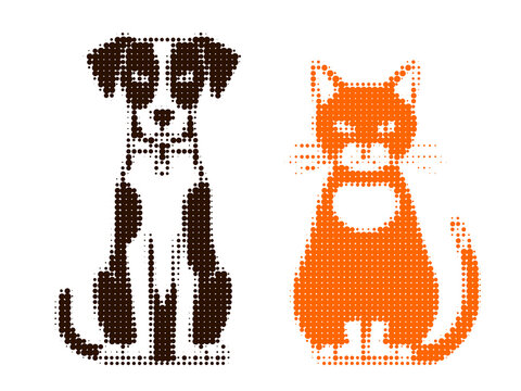 Dotted dog and cat silhouettes. Vector illustration of sitting domestic pets in halftone pattern style isolated on white