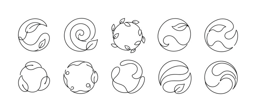 Organic Swirl Nature one-line drawing set, 10 minimal continuous single-line icons showing eco swirl circle, organic spiral, nature frame, green concept ring, bio motion shape, ecology loop,