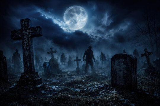 Zombie Rising Out Of A Graveyard cemetery In Spooky dark Night full moon. Holiday event halloween background concept.