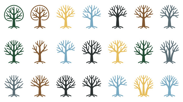 Colorful tree icons collection with various bark shades and branch styles for infographic.