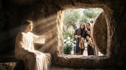 Obraz premium Jesus Christ appearing to women at the empty tomb on Easter morning. The angel sitting by the rolled back stone inside the cave. Biblical scene of resurrection and miracle of faith.