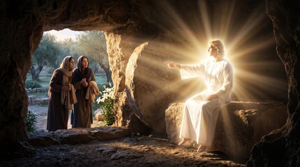 Obraz premium Angel sits on stone by empty tomb pointing to light as two women approach. Biblical scene of Resurrection of Jesus Christ. Religious artwork for Easter celebration and spiritual belief.