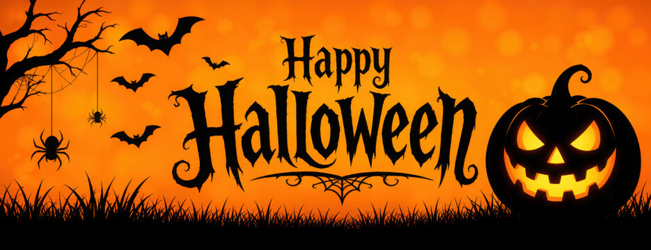 orange halloween banner with pumpkin spider and bats
