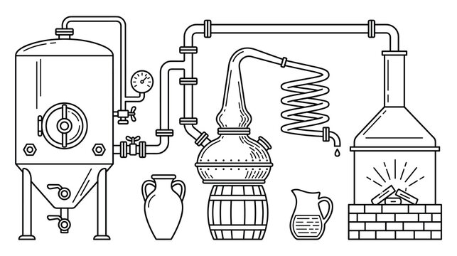 Detailed industrial chemical distillation plant schematic drawing for ethanol production now.