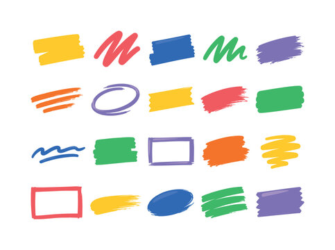 Highlight Marker Strokes, bright flat vector icon set, create 20 colorful isolated object icons of highlight pen strokes, marker underlines, brush stripes, scribble marks, paint labels, hand drawn