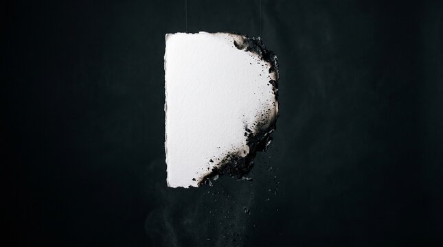 A blank white paper hangs vertically in darkness while its right edge burns and crumbles into falling ash, ephemeral message, fading hope, destroyed document.